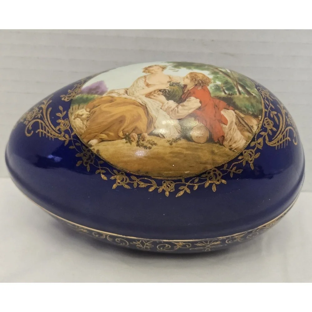 Vtg Cobalt Blue Porcelain Egg Trinket Box Romantic Courting Couple Gold Filagree